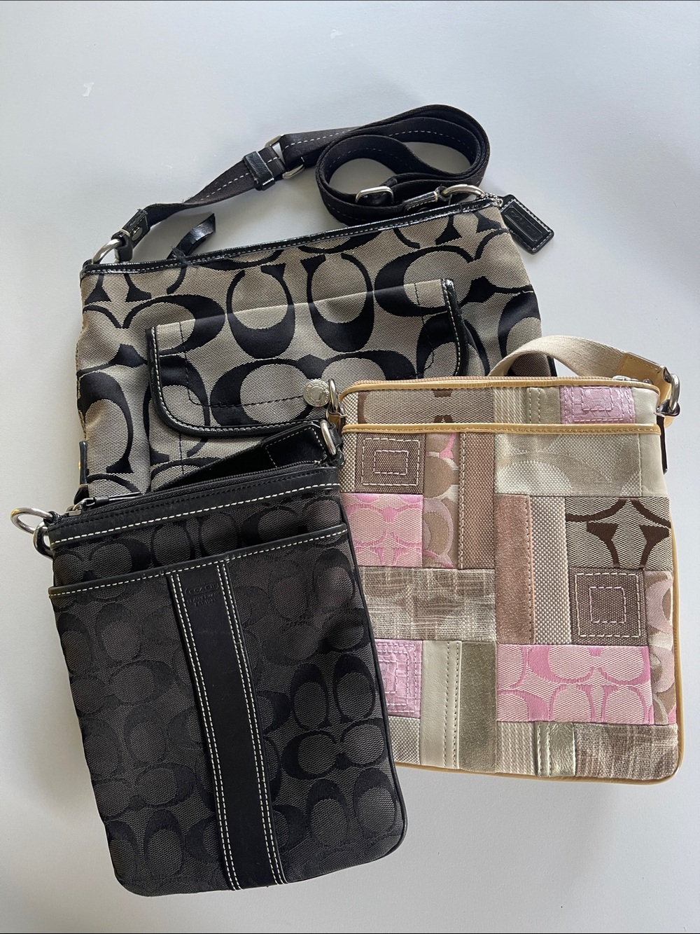 Coach Crossbody Trio in Black, Khaki & Pink Patchwork